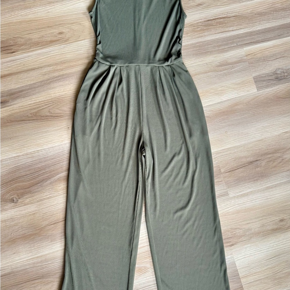 Pretty Garden Olive Green Ribbed Wide Leg Jumpsuit Size M